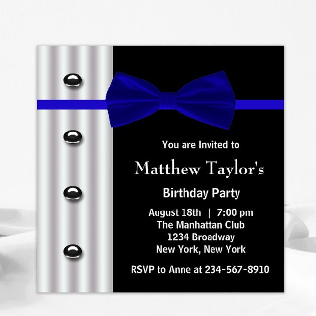 Convite Festa de aniversário azul preto do Arco Tie Mens (Black white tuxedo blue bowtie any occasion and birthday party invitation. All text can be changed.)