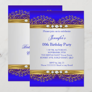 Convite Festa de Aniversário Azul Real Dourado Branco Diam