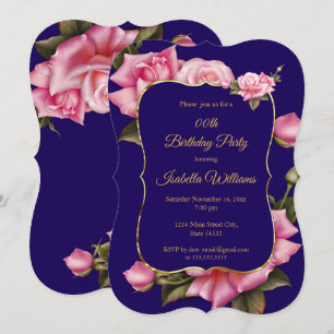 Convite Festa de Aniversário Azul Real Rosa Floral Dourado