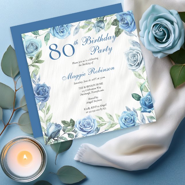Convite Festa de aniversário azul-Rosa azul-Elegante de qu (Elegant Blue Roses Floral Frame 80th Birthday Party Invitation - Available in Print and/or Digital)