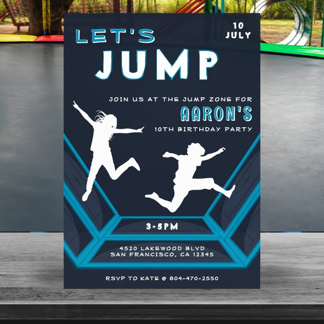 Convite Festa de aniversário Azul Salto do Vamos do Parque (Trampoline Park Let's Jump Blue Birthday Party Invitation
)