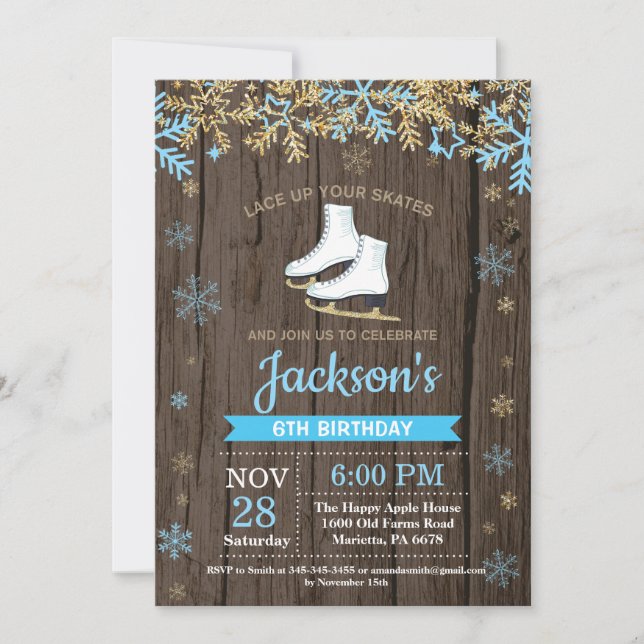 Convite Festa de aniversário Azul Skate de Pele Gelo Convi (Frente)