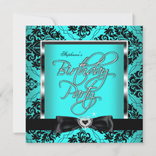 Convite Festa de Aniversário Azul Teal Elite Damasco Prata