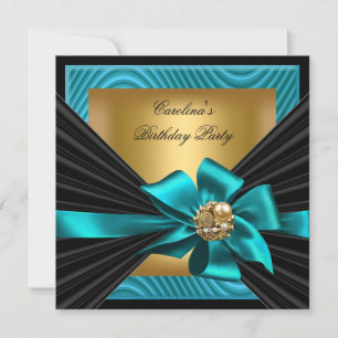 Convite Festa de Aniversário Azul Turquesa Dourado Preto O