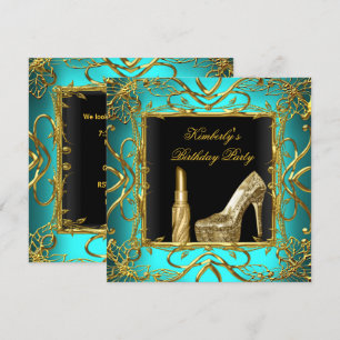 Convite Festa de Aniversário Azul Turquesa Dourado Preto S