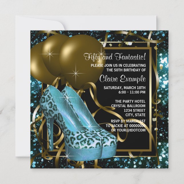 Convite Festa de Aniversário Azul Turquesa e Dourado com L (Frente)