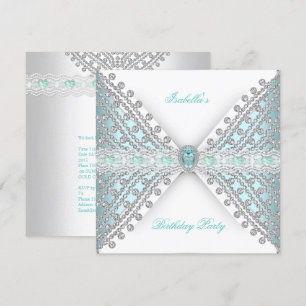 Convite Festa de Aniversário AZUL TURQUESA Prata Branco Di