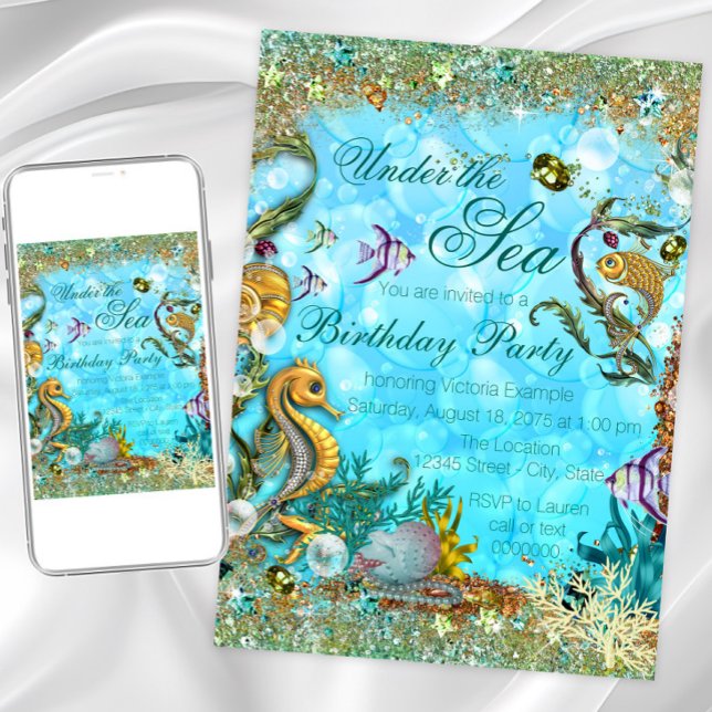 Convite Festa de Aniversário Azul Turquesa Sob o Mar (Pretty gold undersea fish, shells and seahorse on a glittery bubble background. For any occasion.)