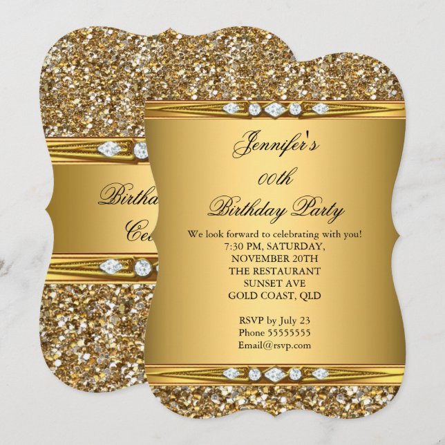 Convite Festa de aniversário B de diamante gigante Dourada (Frente/Verso)