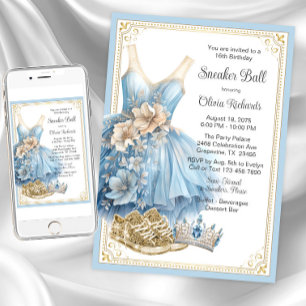 Convite Festa de Aniversário Baby Blue Gold Sneaker Ball