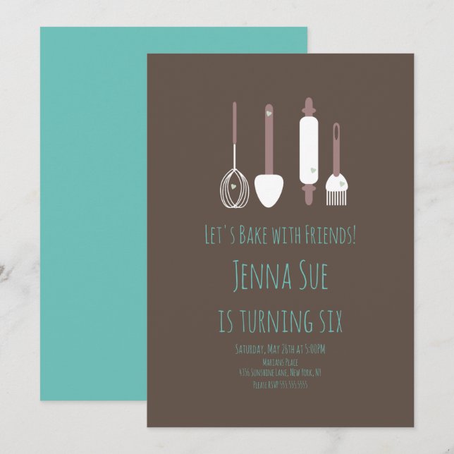 Convite Festa de aniversário Baking Ferramentas Teal Brown (Frente/Verso)
