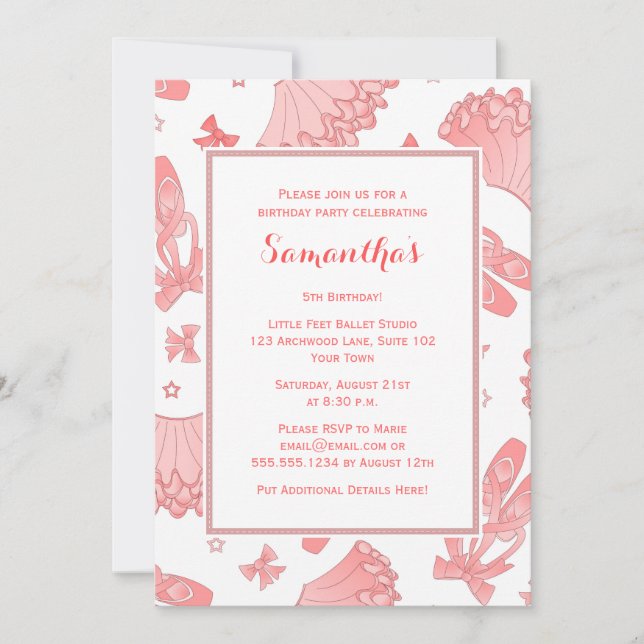 Convite Festa de aniversário Balé rosa e branco (Frente)