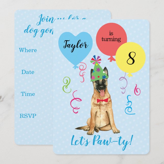 Convite Festa de aniversário Balões Belga Malinois (Frente/Verso)