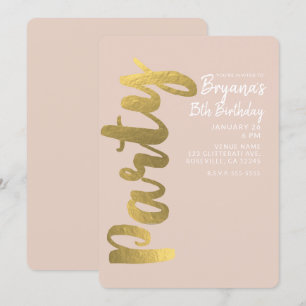 Convite Festa de Aniversário Bege com Brilho em Folha de O