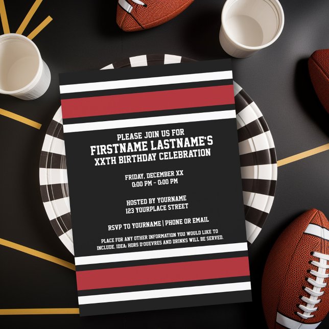 Convite Festa de aniversário Black Red Sports Jersey (Birthday Party Invitation - Sports Theme - Football Party Invitation)