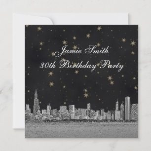 Convite Festa de aniversário Black Star Dourada de Chicag