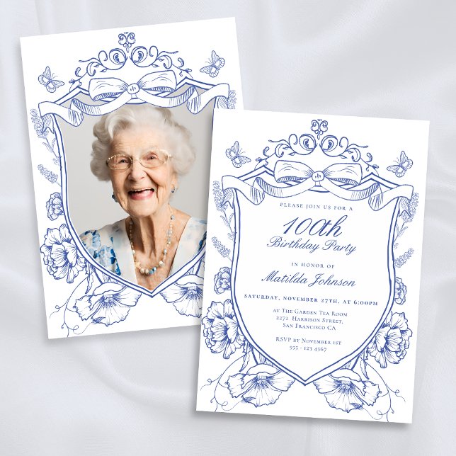 Convite Festa de aniversário Blue Floral Custom Photo 100t (Blue Floral Custom Photo 100th Birthday Party Invitation)