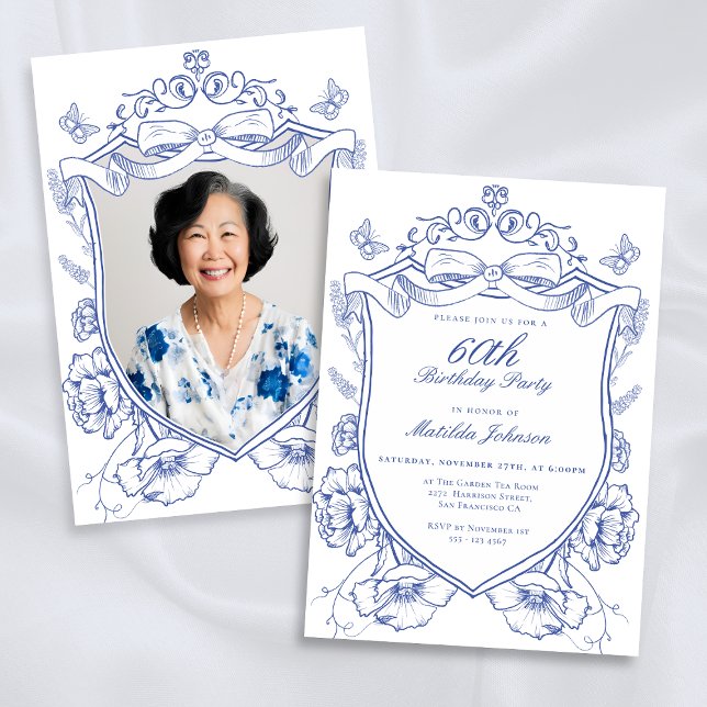 Convite Festa de aniversário Blue Floral Custom Photo 60th (Blue Floral Custom Photo 60th Birthday Party Invitation)