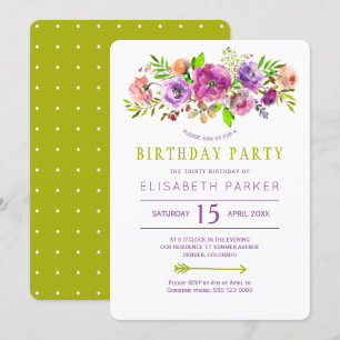 Convite festa de aniversário boêmica verde-violeta