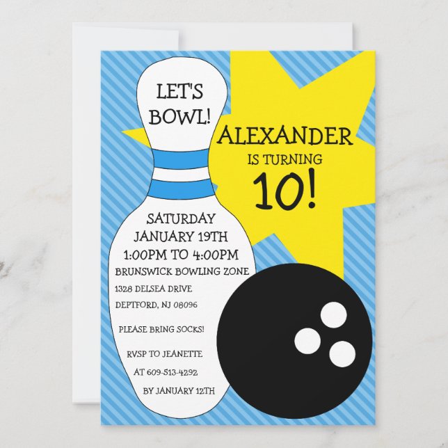 Convite Festa de aniversário Boliche azul da Boliche (Frente)