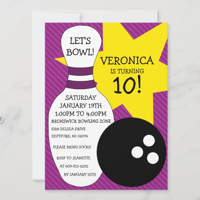 Convite Festa de aniversário Boliche de Plum Roxo Boliche  (Frente)