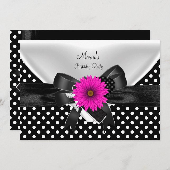 Convite Festa de aniversário Bolinhas preto branco-rosa 4 (Frente/Verso)
