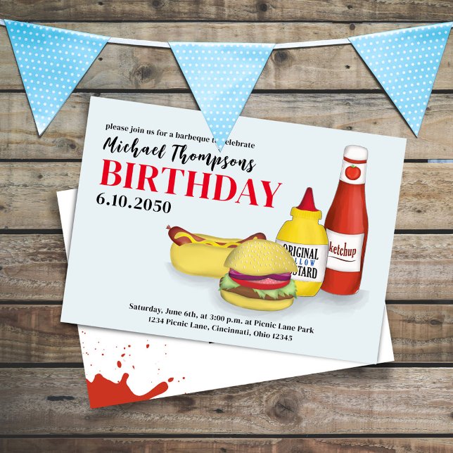 Convite Festa de Aniversário Bonita, CHURRASCO de Verão (Birthday invitation with hamburger, hotdog, ketchup, and mustard.)