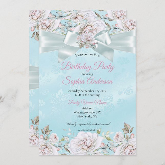 Convite Festa de aniversário bonito azul-palha Rosas verme (Frente/Verso)