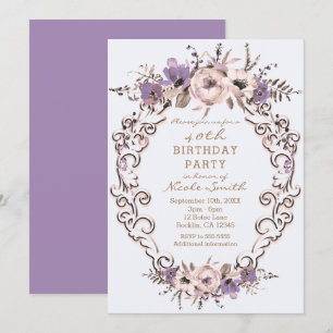 Convite Festa de Aniversário Botânica Floral Creme Roxo