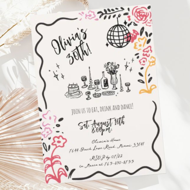 Convite Festa de aniversário Branca Desenhada à Mão (Criador carregado)