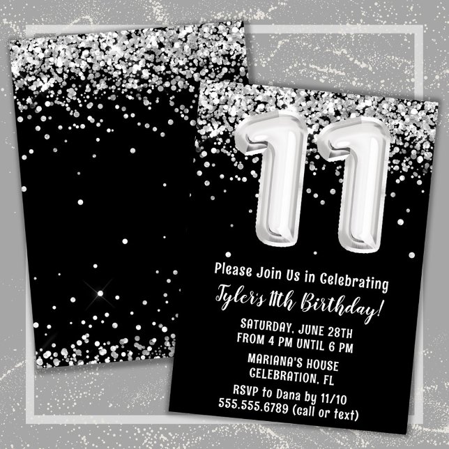 Convite Festa de aniversário branca e 11 preta (Black and White 11th Birthday Party Invitation)