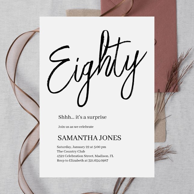 Convite Festa de aniversário branca e 80 preto moderno (Criador carregado)