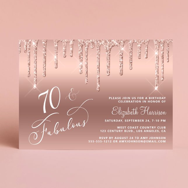 Convite Festa de aniversário brilhante de 70 brilhante Dou (Celebrate her 70 years of sparkle with an elegant rose gold glitter birthday party invitation)