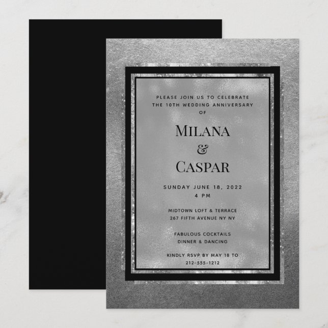 Convite Festa de Aniversário Brilhante Prata Torrado (Frente/Verso)