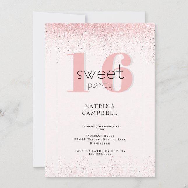 Convite Festa de aniversário Brilhante Rosa De 16 Glama (Frente)