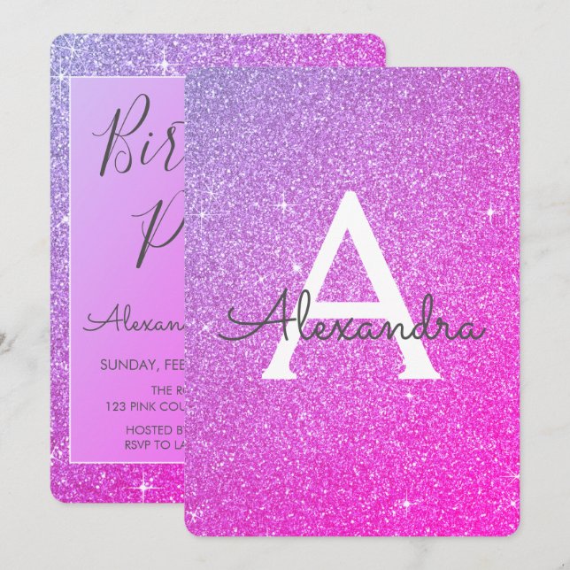 Convite Festa de aniversário Brilhante Rosa Púrpura Brilha (Frente/Verso)