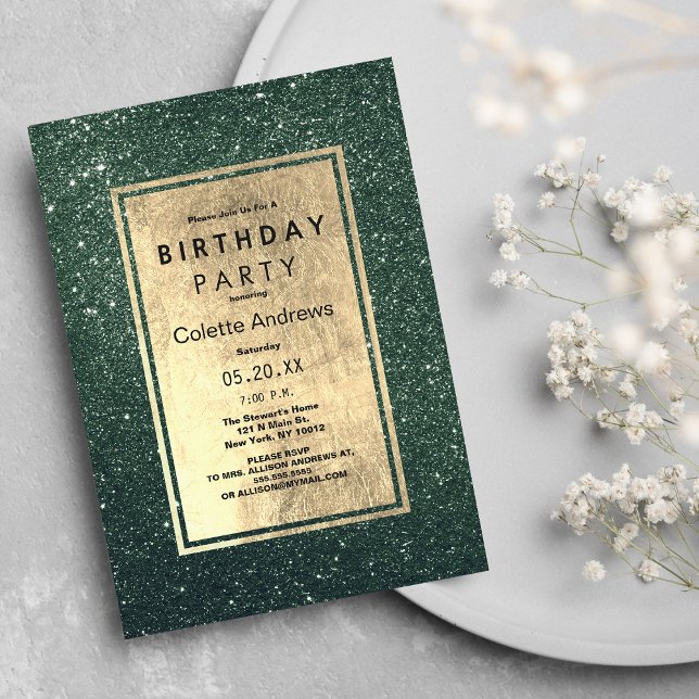 Convite Festa de aniversário brilhante verde de ouro flore (Elegant forest green gold glitter Birthday Party )