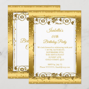 Convite Festa de Aniversário Brilho Branco Flor Dourada