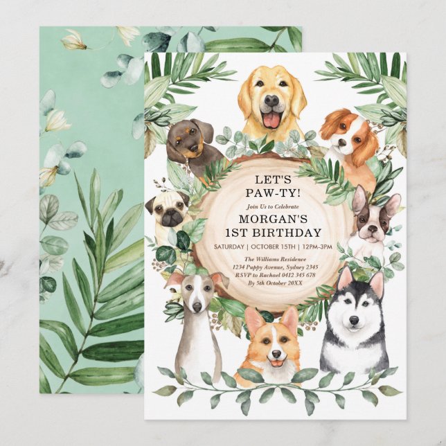 Convite Festa de aniversário Cachorro Folha-Pata-Pata-Pata (Frente/Verso)