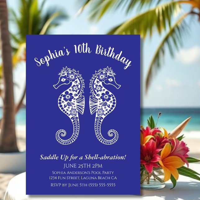 Convite Festa de aniversário-cavalo (Sea Horses-Fisherman Core-Hawaiian-Tropical-Birthday party invitations-Deep Blue)