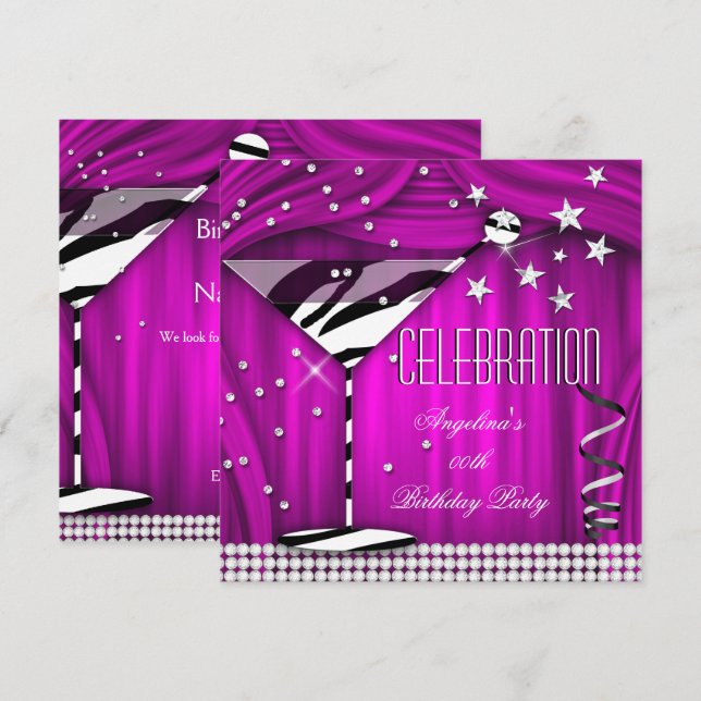 Convite Festa de Aniversário Celebração Roxo Rosa Zebra (Frente/Verso)