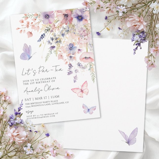 Convite Festa de Aniversário Chá de Borboleta com Flores S (Butterfly Wildflower Tea Party Birthday Invitation)