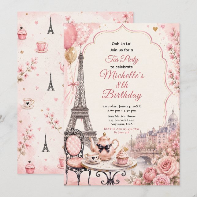 Convite Festa de Aniversário Chá Rosa de Paris (Frente/Verso)