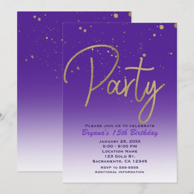 Convite Festa de Aniversário Chic com Glamour Moderno Roxo (Frente/Verso)