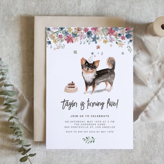 Convite Festa de aniversário Chihuahua de Longa Distância (Celebrate your furry friend’s special day with our charming black Chihuahua birthday invitation.)