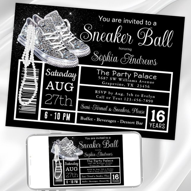 Convite Festa de Aniversário Chucks Pérolas Diamante Sneak (Chucks and pearls any event sneaker invitation. Instant download and printed invitations available.)