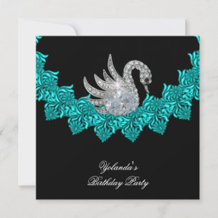 Convite Festa de Aniversário Cisne Azul Teal Floral Preto