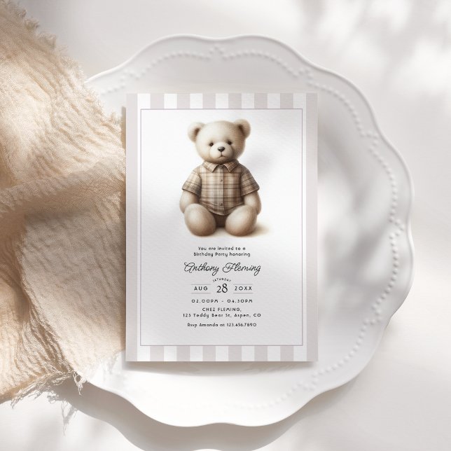 Convite Festa de Aniversário Clássica Préppy com Ursinho T (Classic Preppy Vintage Teddy Bear Birthday Party Invitation)
