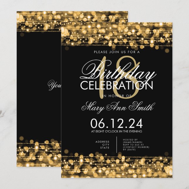 Convite Festa de aniversário Classy 18th Sparkles Dourado (Frente/Verso)