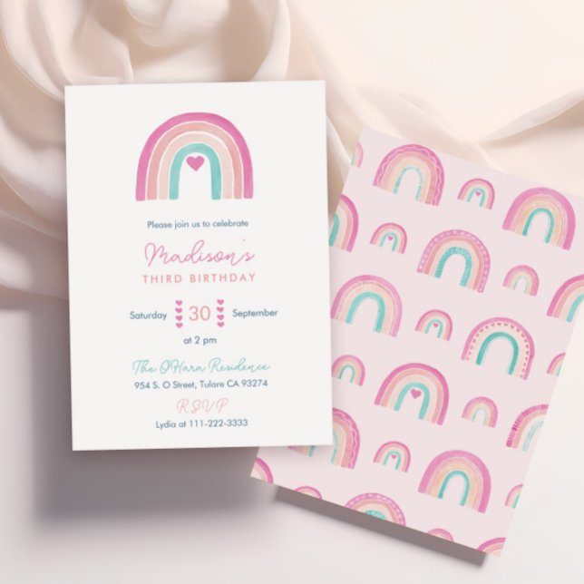 Convite Festa de aniversário Colorida Boho Rainbow (Boho Rainbows in Magenta and teal combine with hearts for this trendy girl birthday party invitation)